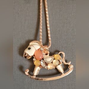 Rose-Gold Rocking Horse Pendant Necklace with Pink and Cream Stones